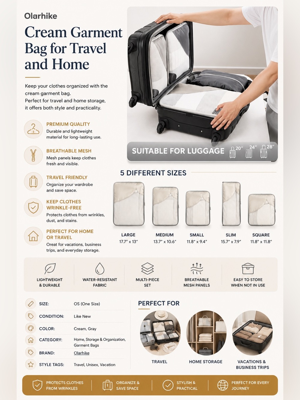 5️⃣Cream Garment Bag for Travel and Home